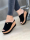 Large Size Women Comfy Peep Toe Solid Color Platform Wedges Slippers - Black