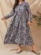 Plus Size Ethnic Pattern Print O-neck Casual Dress - Blue