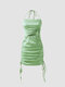 Cut Out Drawstring Open Back Self Tie Halter Ruched Dress - Green