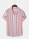 Mens Colorful Striped Revere Collar Casual Short Sleeve Shirts - Red