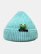 Unisex Knitted Solid Color Cartoon Frog Doll Decoration Letter Label Fashion Warmth Brimless Beanie Landlord Cap Skull Cap - Blue