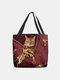 Women Felt Cute Cat Print Handbag Tote - Red