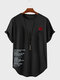 T-Shirts für Herren mit Rosen-Buchstabendruck, abgerundetem Saum und kurzen Ärmeln - Schwarz