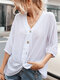 Solid Color V-neck Button Three Quarter Sleeve Casual T-shirt For Women - White