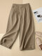 Women Solid Pleated Cotton Casual Pants With Pocket - Khaki