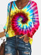 Tie-dye V-neck Casual Long Sleeve T-Shirt - Red