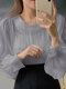 Solid Puff Long Sleeve Crew Neck Blouse For Women - Gray