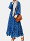 Floral Print Ruffle Long Sleeve Casual Muslim Dress for Women - Blue