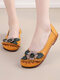 Socofy Genuine Leather Hand Stitching Shoes Retro Ethnic Soft Comfy Floral Flats - Yellow