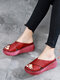 Women Brief Large Size Solid Color Cross Strap Antiskid Stripe Slippers - Red