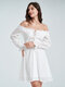Lace Trim Panel Off Shoulder Tie Front Overlay Dress - White