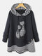 Cartoon Cats Print Striped Patchwork Plus Size Hoodie - Navy