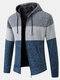 Mens Patchwork Zip Up Knit Plush Lined Warm Slant Pocket Hooded Cardigans - Blue