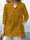 Floral Print Button Pocket Stand Collar 3/4 Sleeve Blouse - Yellow