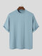 Mens Solid Half-Collar Ribbed Short Sleeve T-Shirt - Blue