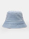 Unisex Distressed Washed Denim Solid Color Broken Hole Vintage Sunshade Bucket Hat - Light Blue