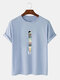 Mens 100% Cotton Cartoon Planet Ice Cream Print Solid Color Light T-Shirts - Blue