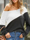 Women Contrast Color Off Shoulder Long Sleeve Casual T-Shirt - White
