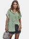 Loose Casual Stripe Short Sleeve Shirt For Women - Green