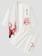 Mens Plum Bossom Japanese Print 3/4 Sleeve Kimono Two Pieces Outfits - White