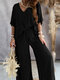 Женские однотонные широкие брюки с V-образным вырезом Брюки Повседневная одежда - Черный