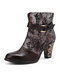 Socofy Women Retro Buckle Design Floral Printed Leather Patchwork Side Zipper Chunky Heel Short Boots - Black