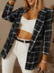 Check Print Lapel Pocket Casual Blazer For Women - Black