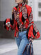 Leopard Contrast Color Button Lantern Sleeve High Neck Blouse - Red