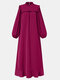 Women Solid Color Stand Collar Patchwork Long Sleeve Maxi Dress - Wine Red
