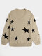 Star Print V-neck Knitted Long Sleeve Casual Sweater for Women - Khaki