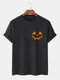 Mens 100% Cotton Halloween Funny Pumpkin Printed O-Neck Casual Short Sleeve T-Shirts - Black
