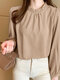 Solid Ruffle Trim Stand Collar Long Sleeve Blouse - Apricot