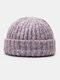Unisex Mixed Color Knitted Solid Curled Dome All-match Warmth Brimless Beanie Landlord Cap Skull Cap - Purple