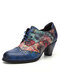 Socofy Leather Comfort Lace-Up Floral Patchwork Rivets Design Mary Jane Pumps - Blue