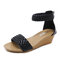 Women Casual Weave Zipper Wedges Heel Sandals - Black