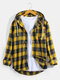 Mens Plaid Cotton Leisure Button Curved Hem Flannel Hooded Shirts - Yellow