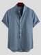 Camisas casuales de lino con botones de manga corta para hombre - azul