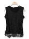 Women Sleeveless O Neck Pure Color Floral Lace Crochet Tank Top - Black