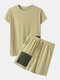Mens Contrast Flap Pocket Crew Neck Drawstring Shorts Street Two Pieces Outfits - Khaki