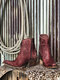 Women Retro Side Zip Pointed Toe Rivet Chunky Heel Short Cowboy Boots - Red