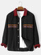 Mens Corduroy Ethnic Embroidered Ribbon Patchwork Lapel Button Casual Jackets - Black