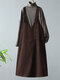 Corduroy Solid Color Loose Button Straps Dress For Women - Coffee