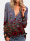 Flower Print Zipper V-neck Long Sleeve Vintage Blouse For Women - Purple