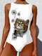 Plus Size Women Cute Cat Print High Neck Sleeveless One Piece Slimming Swimsuit - White