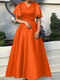 Plus Size Women Solid V-Neck Bell Sleeve Casual Maxi Dress - Orange