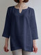 Solid Casual Notch Neck 3/4 Sleeve Blouse - Blue