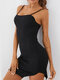 Women Solid Color Strap Backless Asymmetrical Hem Mini Sexy Dress - Black