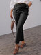 Solid Color Elastic Waist Lace-up Casual Pants With Pocket - Black