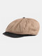 Men Plain Color Casual Personality Stripe Pattern Newsboy Hat Octagonal Cap Flat Hat - Khaki