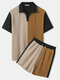 Mens Contrast Patchwork Golf Shirt Waffle Knit Two Pieces Outfits - Khaki